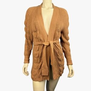 Express Long Sleeve Cardigan‎ Warm Tan Minimalist Chunky Knit Open Front Belted